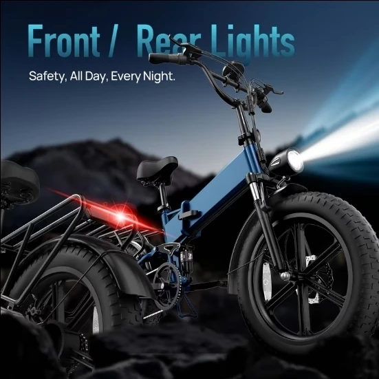Blue Folding Electric Bike with Front and Rear Lights