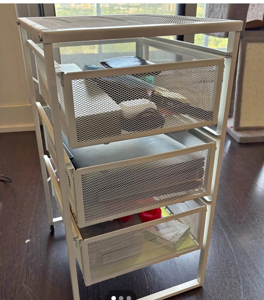 White Metal Mesh Rolling Cart with 3 Drawers