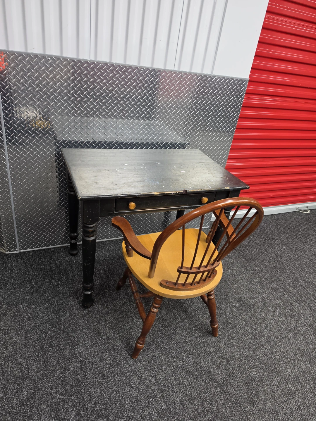 Vintage Black Writing Desk and Wooden Chair Set