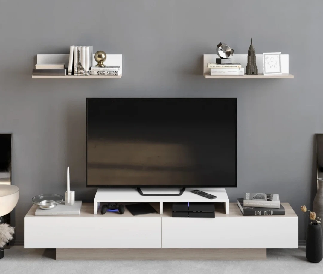 Modern White and Oak TV Stand with Floating Shelves - photo 5
