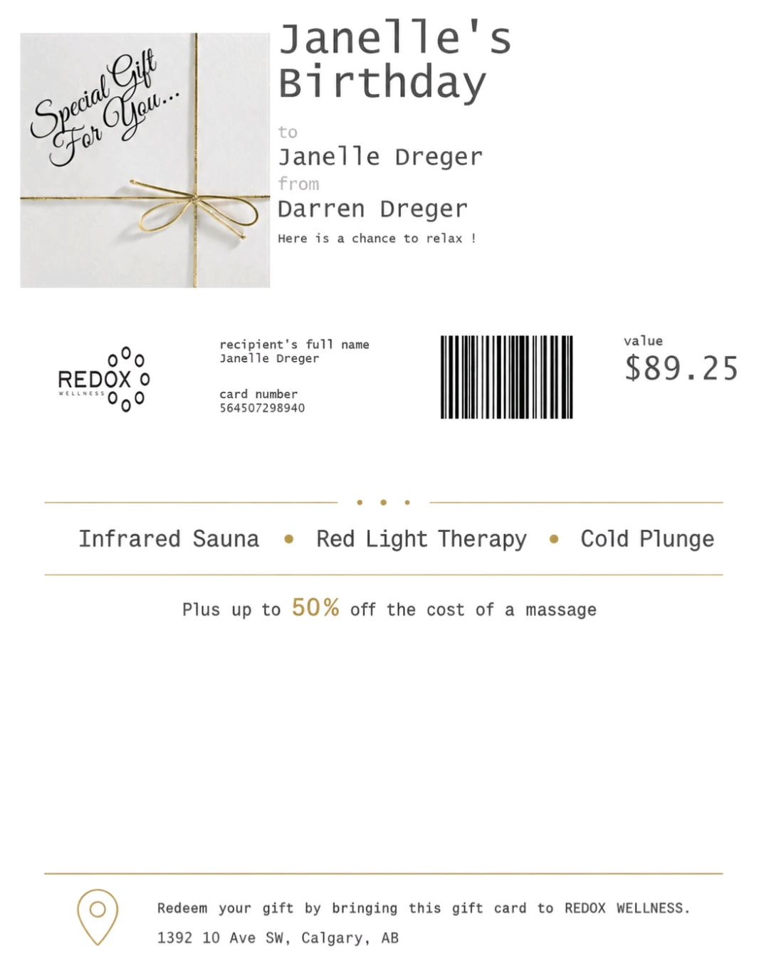 89.00 REDOX WELLNESS SPA  Calgary gift certificate