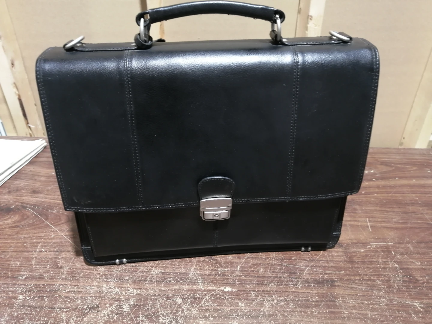 Black Leather Briefcase with Detachable Strap