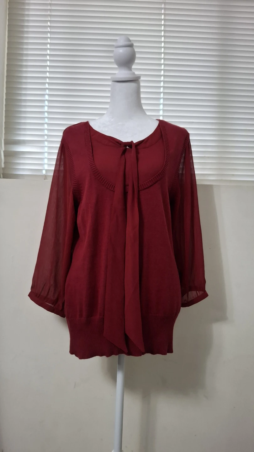 GEORGE Red Layered Knit Top with Sheer Tie-Neck - photo 2