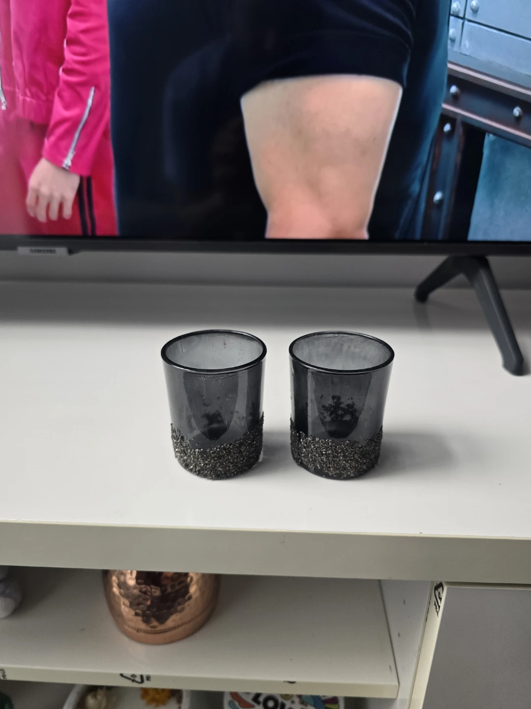 Pair of Grey Glass Votive Holders with Speckled Base