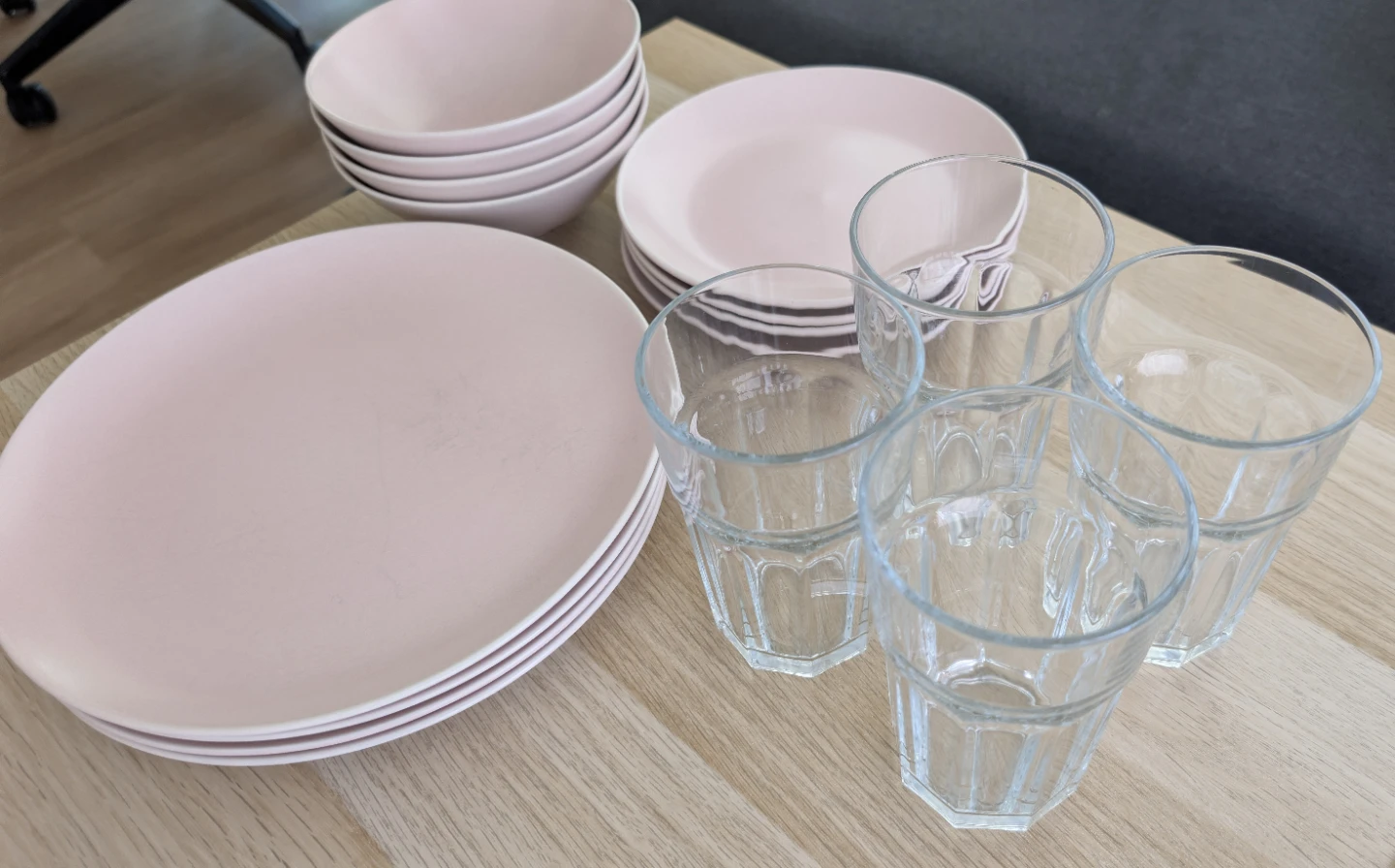 Blush Pink Dinnerware Set + Glass Tumblers (4-person)