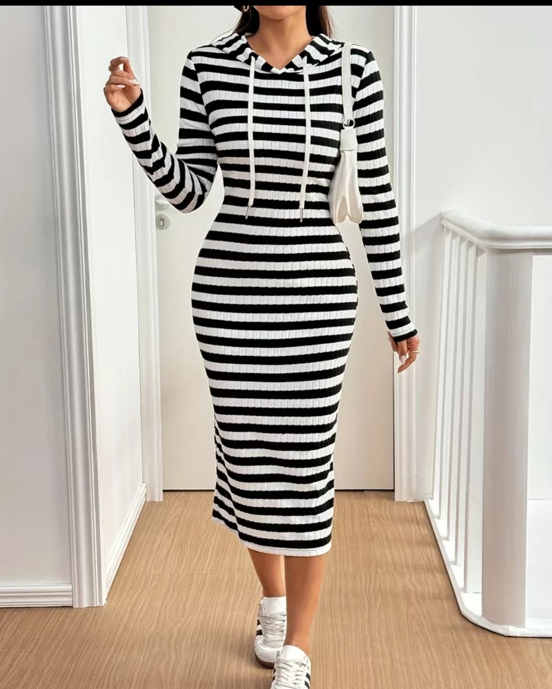 Striped Ribbed Hoodie Dress
