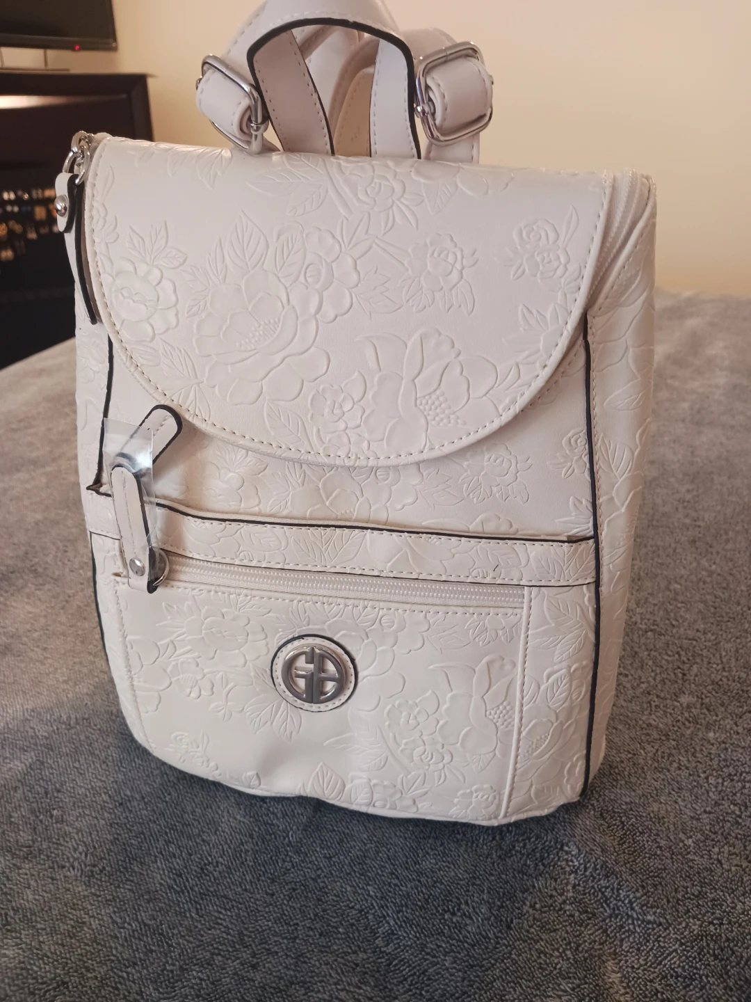Gianni Bernini White Floral Embossed Backpack Purse