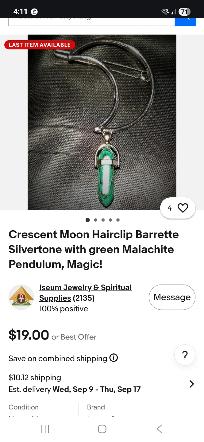 Crescent Moon Hairclip Barrette with Malachite Pendulum - photo 3