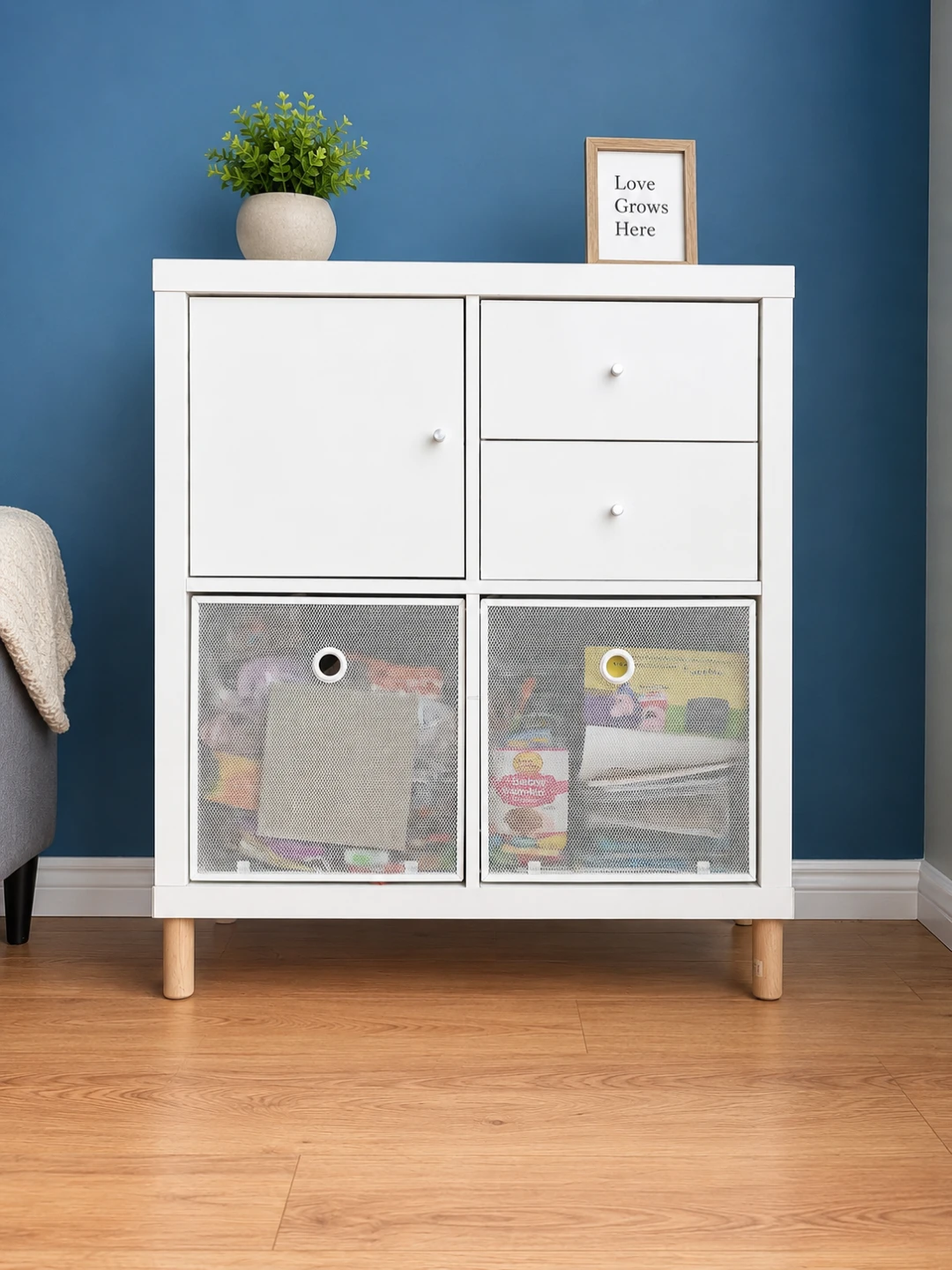 White Cube Storage Unit with Door and Drawers