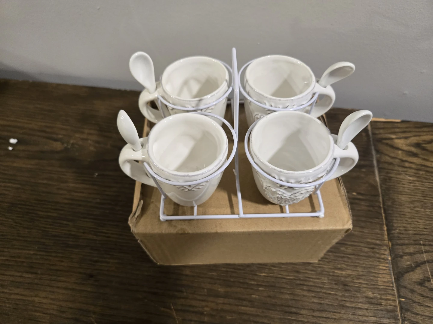 Set of 4 White Ceramic Espresso Cups with Spoons and Stand