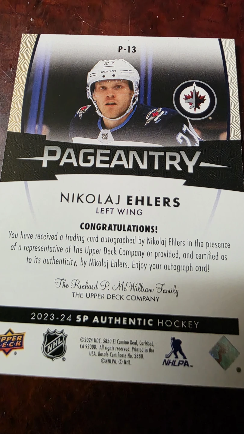 Nikolaj Ehlers Winnipeg Jets Signed Hockey Card - photo 2