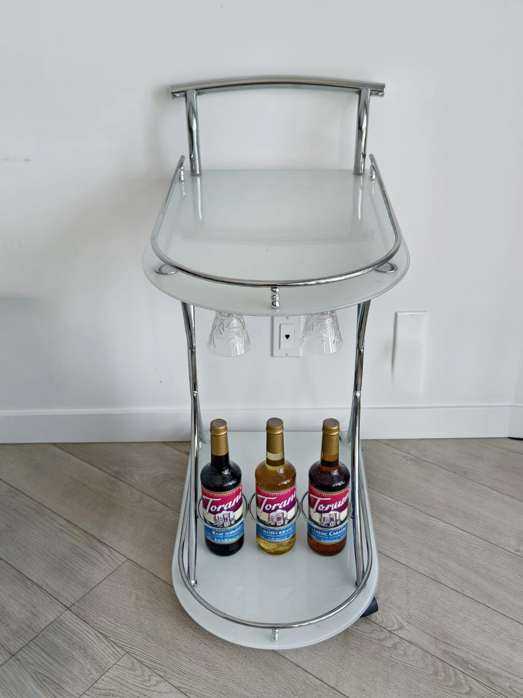 Modern Chrome & Glass Rolling Bar Cart / Serving Cart