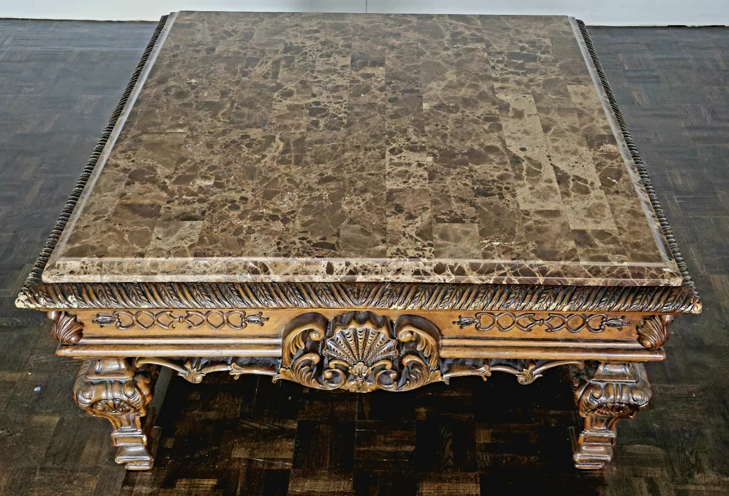 Ornate Square Coffee Table with Marble Top
