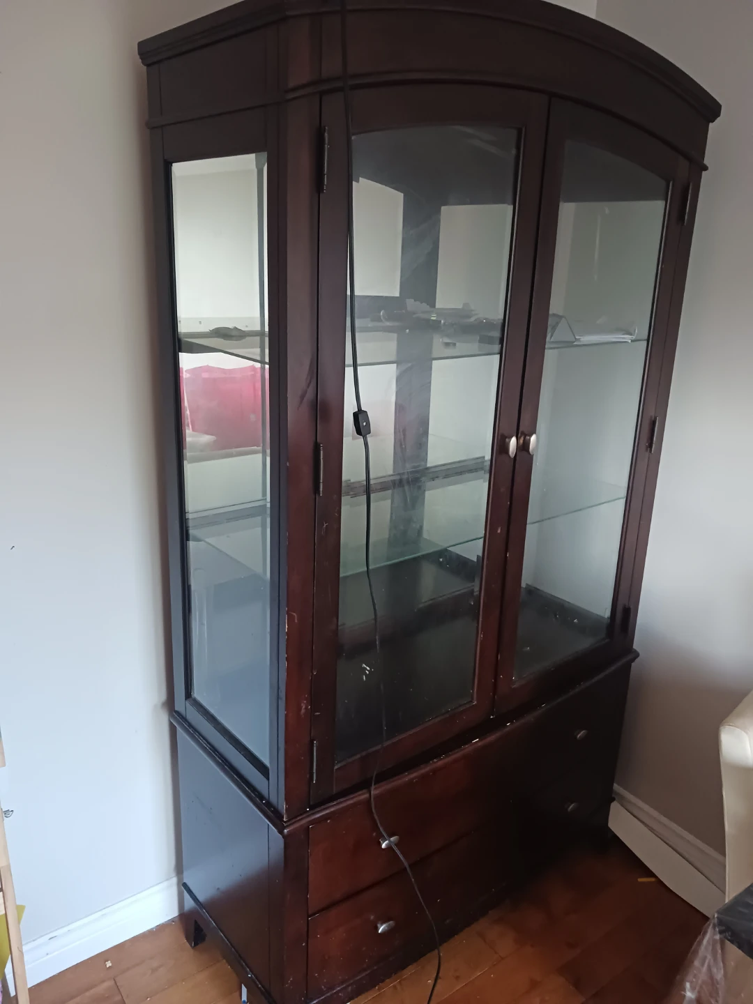 Dark Wood Curio Cabinet with Glass Doors and Drawers - photo 2