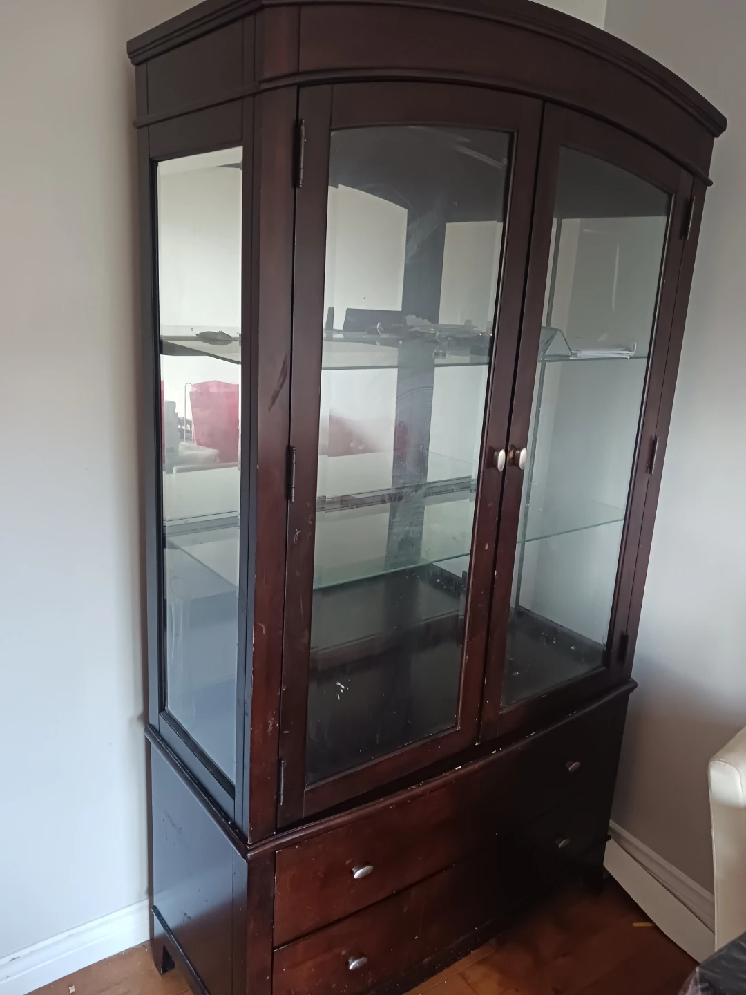 Dark Wood Curio Cabinet with Glass Doors and Drawers - photo 3