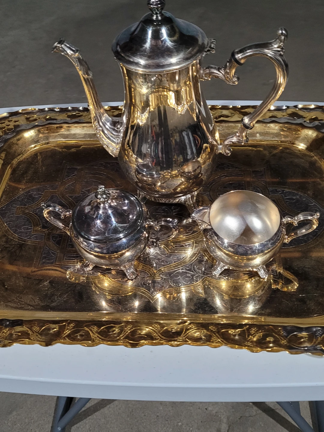 Silver-plated 4-piece tea set with gold-tone tray