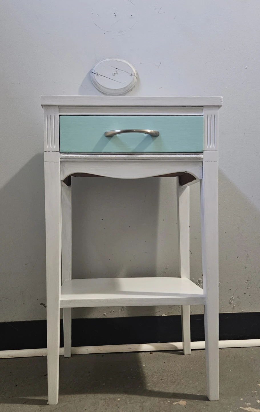 White Accent Table with Aqua Drawer