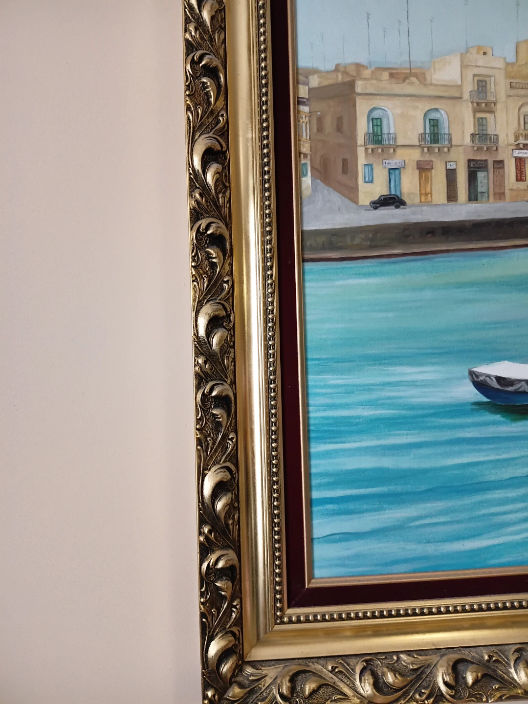 Framed Oil Painting of a Coastal Town Scene - photo 3