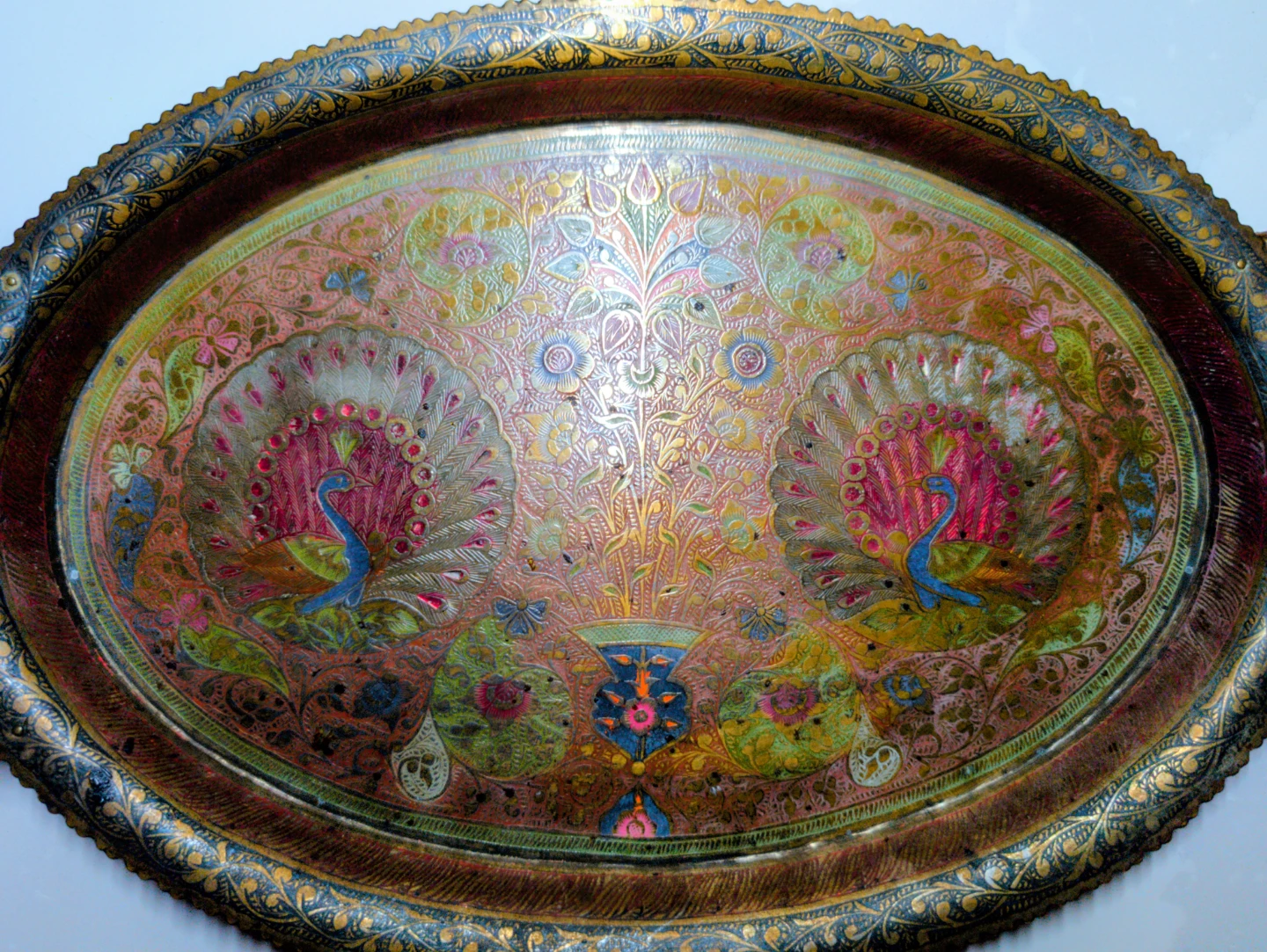 Vintage Large 16.5" Enameled Brass Peacock Tray / Platter