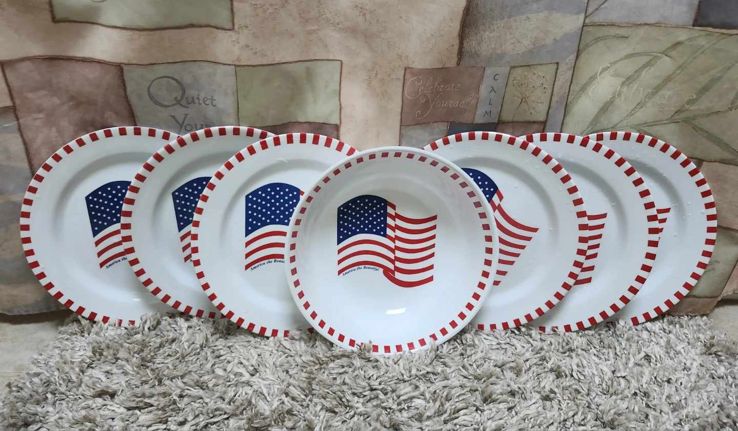 Set of 6 Patriotic American Flag Plates and a Bowl