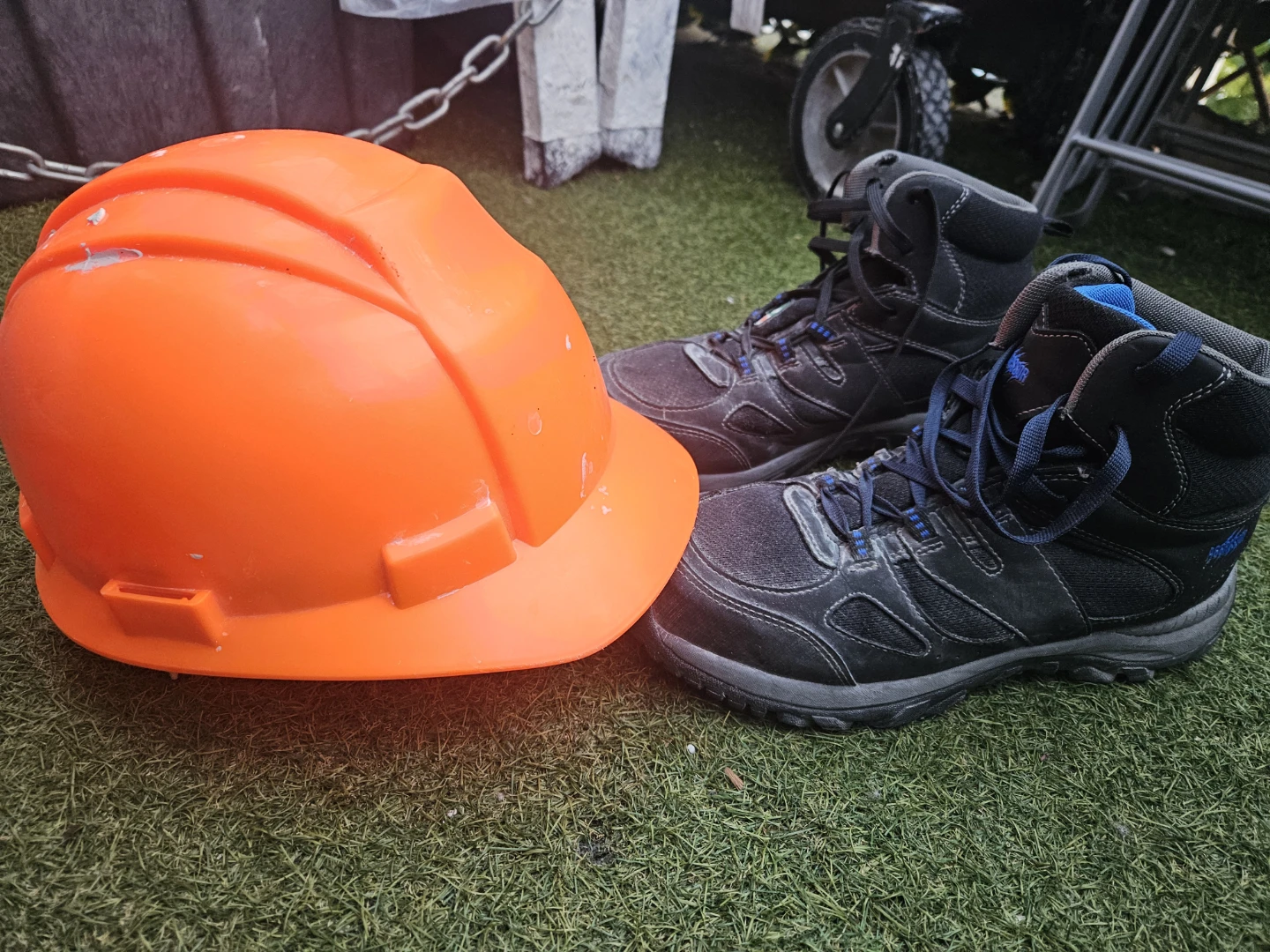 Orange Hard Hat and Black safety Work Boots