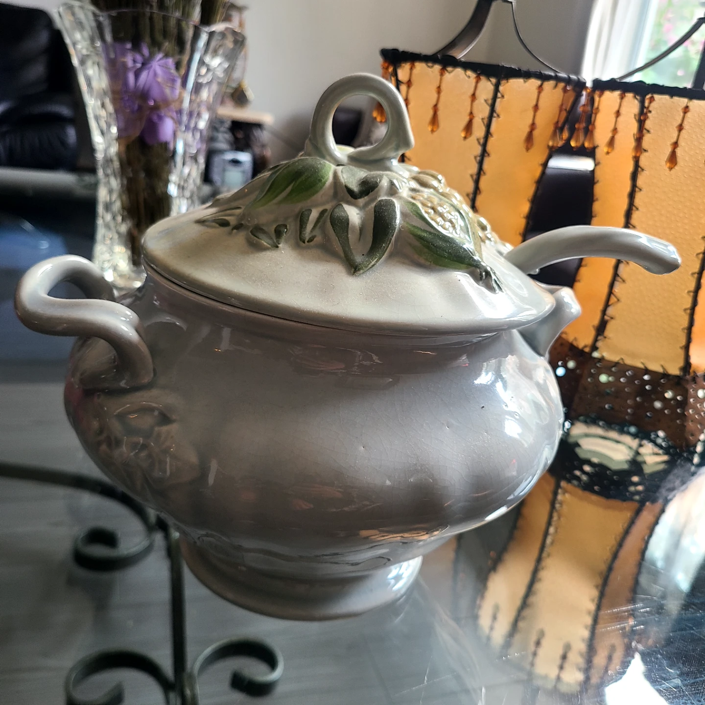 Vintage Ceramic Tureen with Ladle and Fruit Design