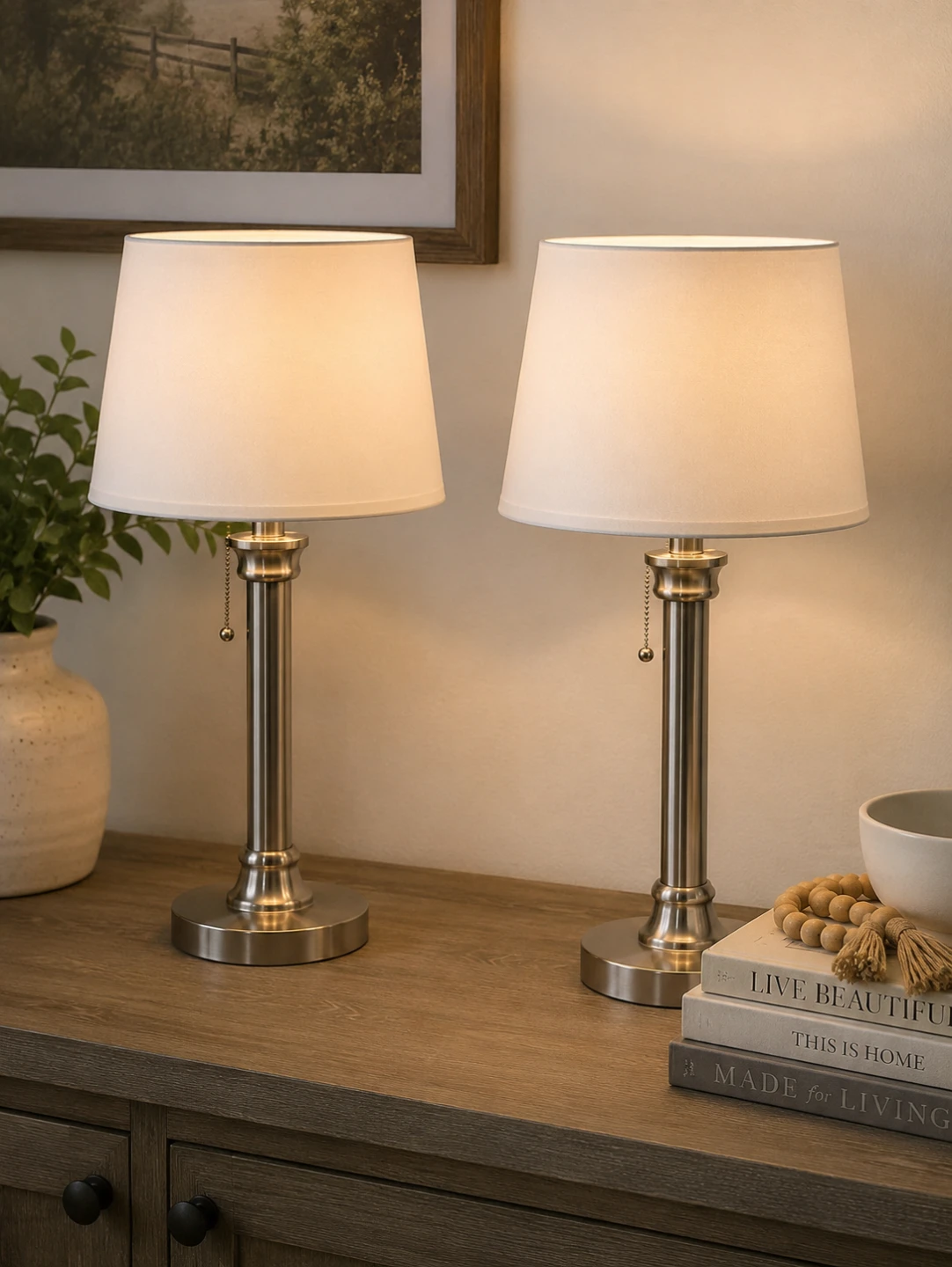 Set of 2 Brushed Nickel Table Lamps with White Shades