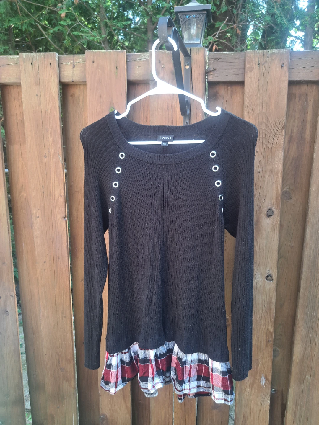 TORRID Black Sweater with Plaid Ruffle Hem