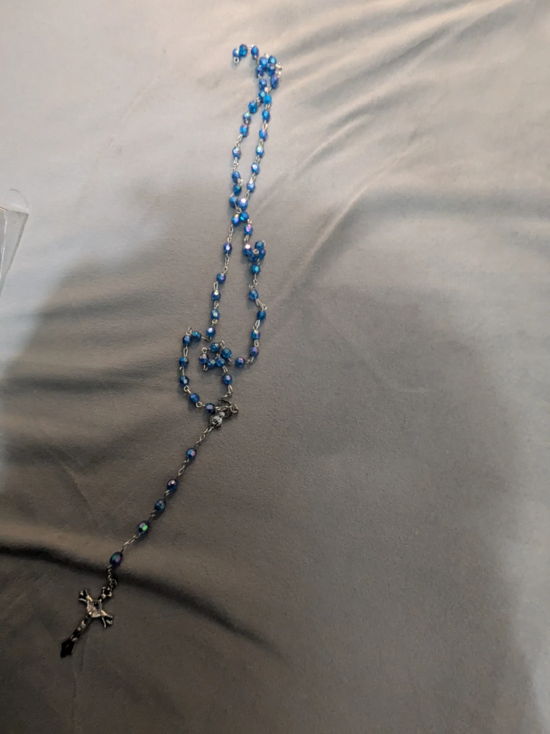 Blue Crystal Rosary Necklace with Cross Pendant