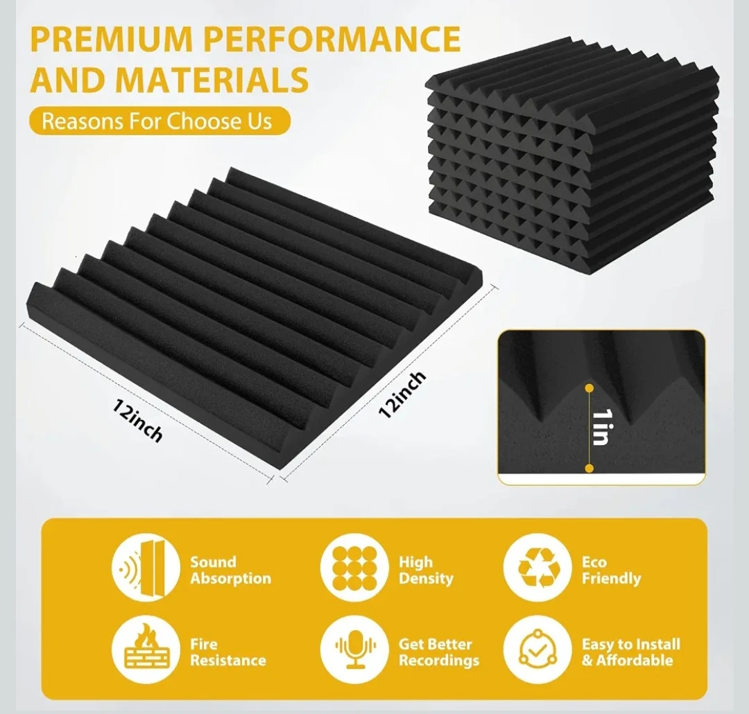 12pc Black Acoustic Foam Panels - 12" x 12" x 1"