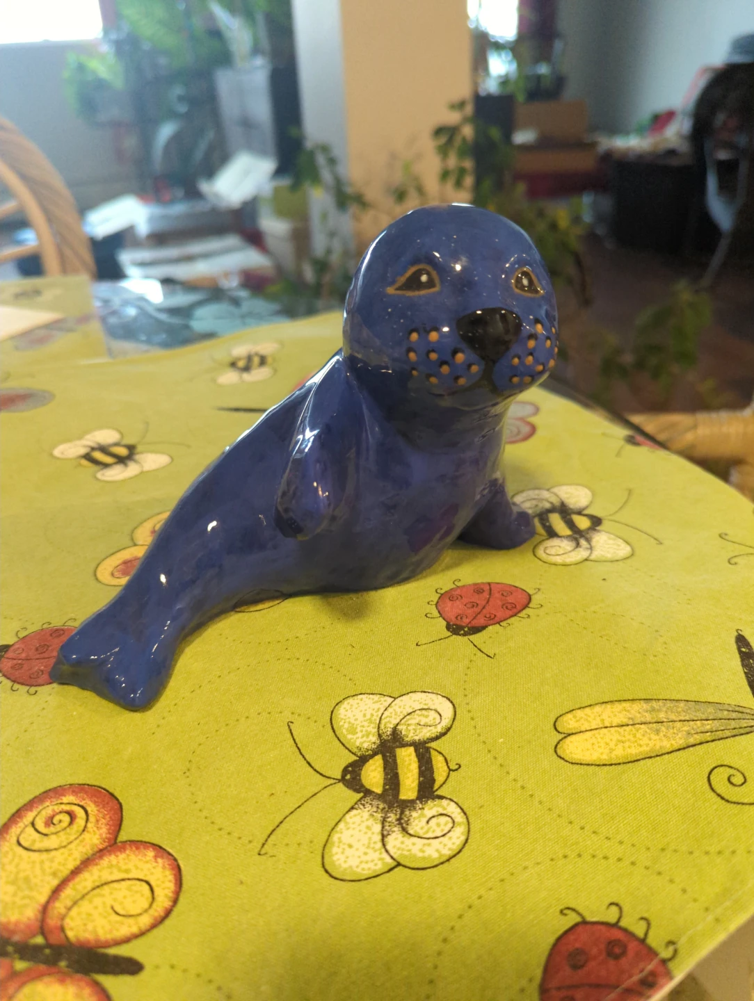 Blue Ceramic Seal Figurine - Hand Painted