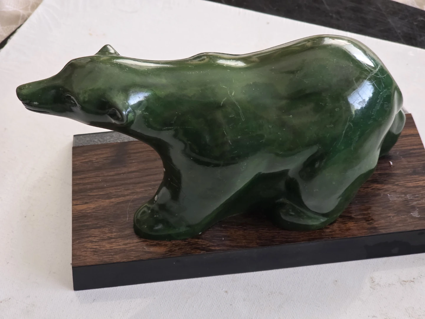 Green Jade Bear Figurine on Wooden Base - photo 2