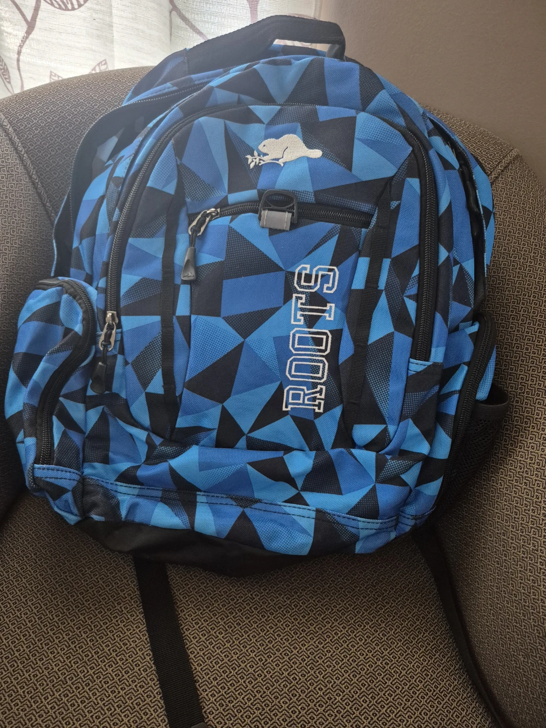 Roots Backpack Blue Geometric Pattern