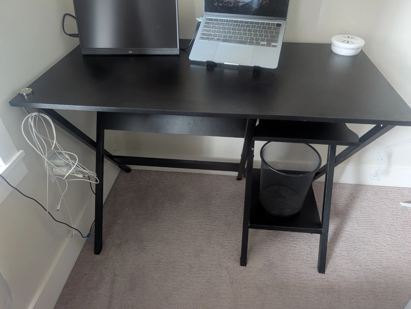 Black Metal Foldable Computer Desk with Storage Shelf + Bin