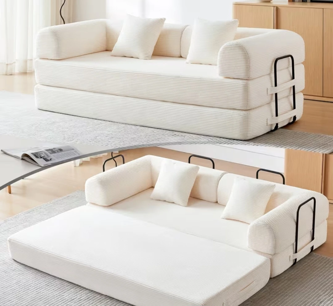 White Corduroy Convertible Sofa Bed with Pillows