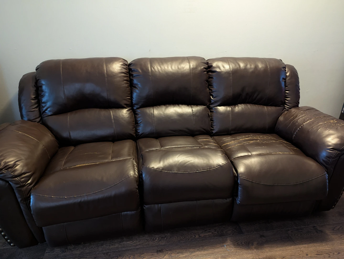 Brown Faux Leather Reclining Sofa with Cup Holders