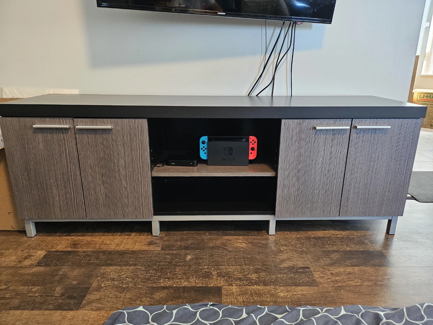 TV Stand with Storage - Black and Wood Grain Finish