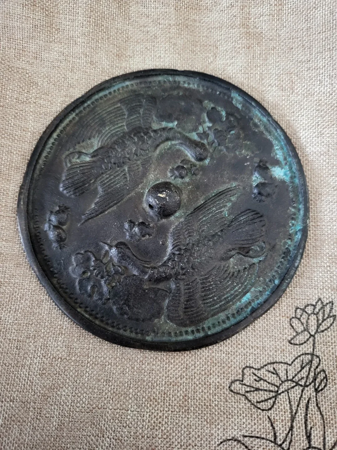 Antique Bronze Mirror with Bird and Flower Engraving