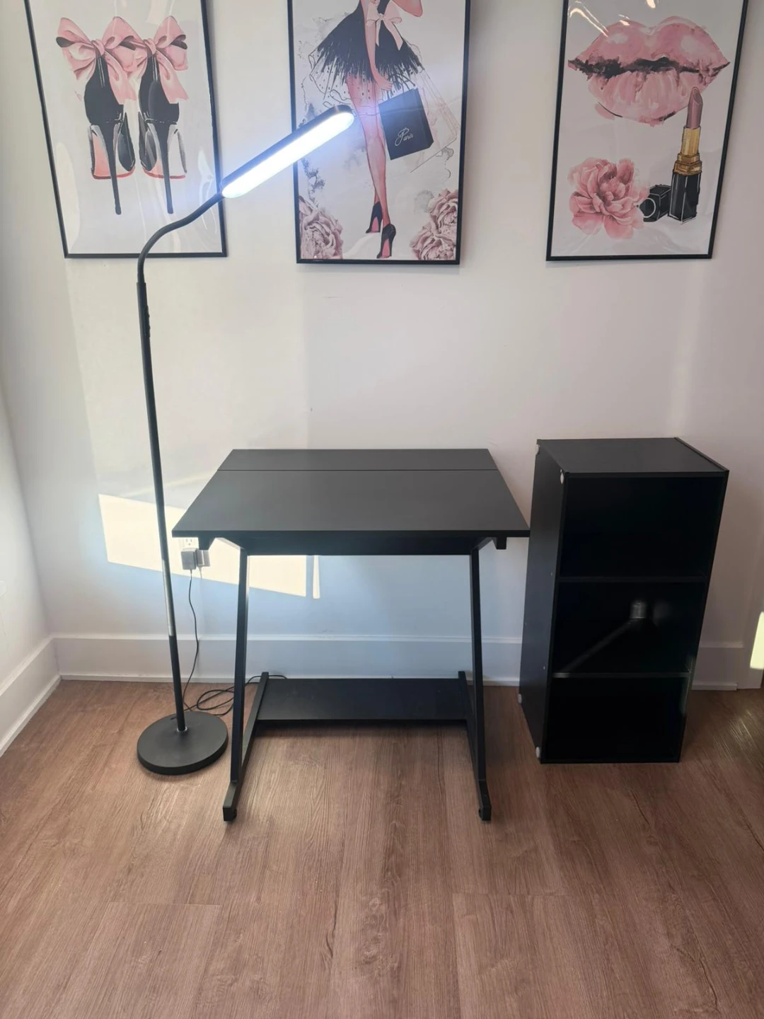 Black Folding Desk with Standing Lamp and Storage Unit