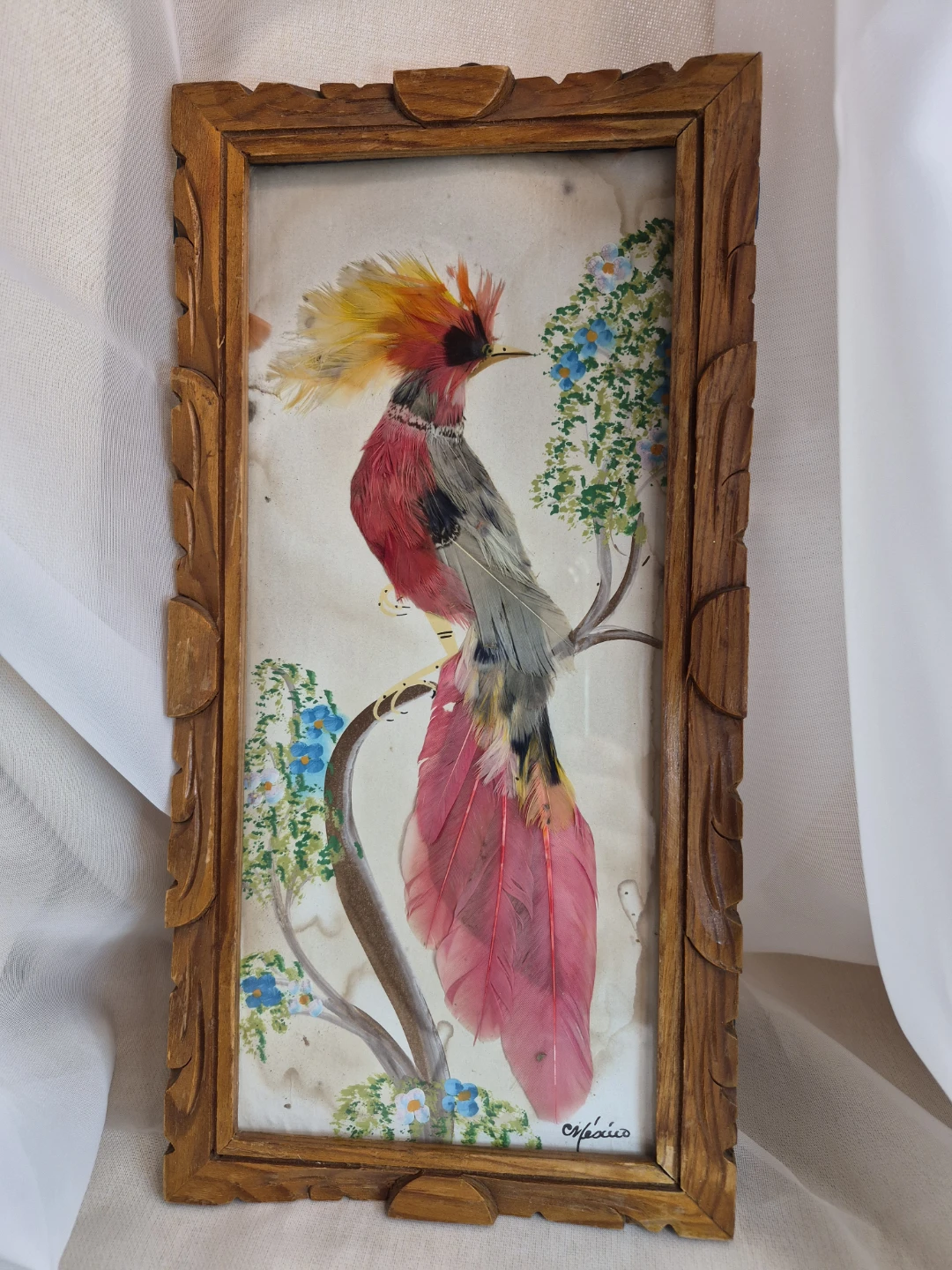 Beautiful Vintage Framed Mexican Feather Craft Art Decor - photo 5