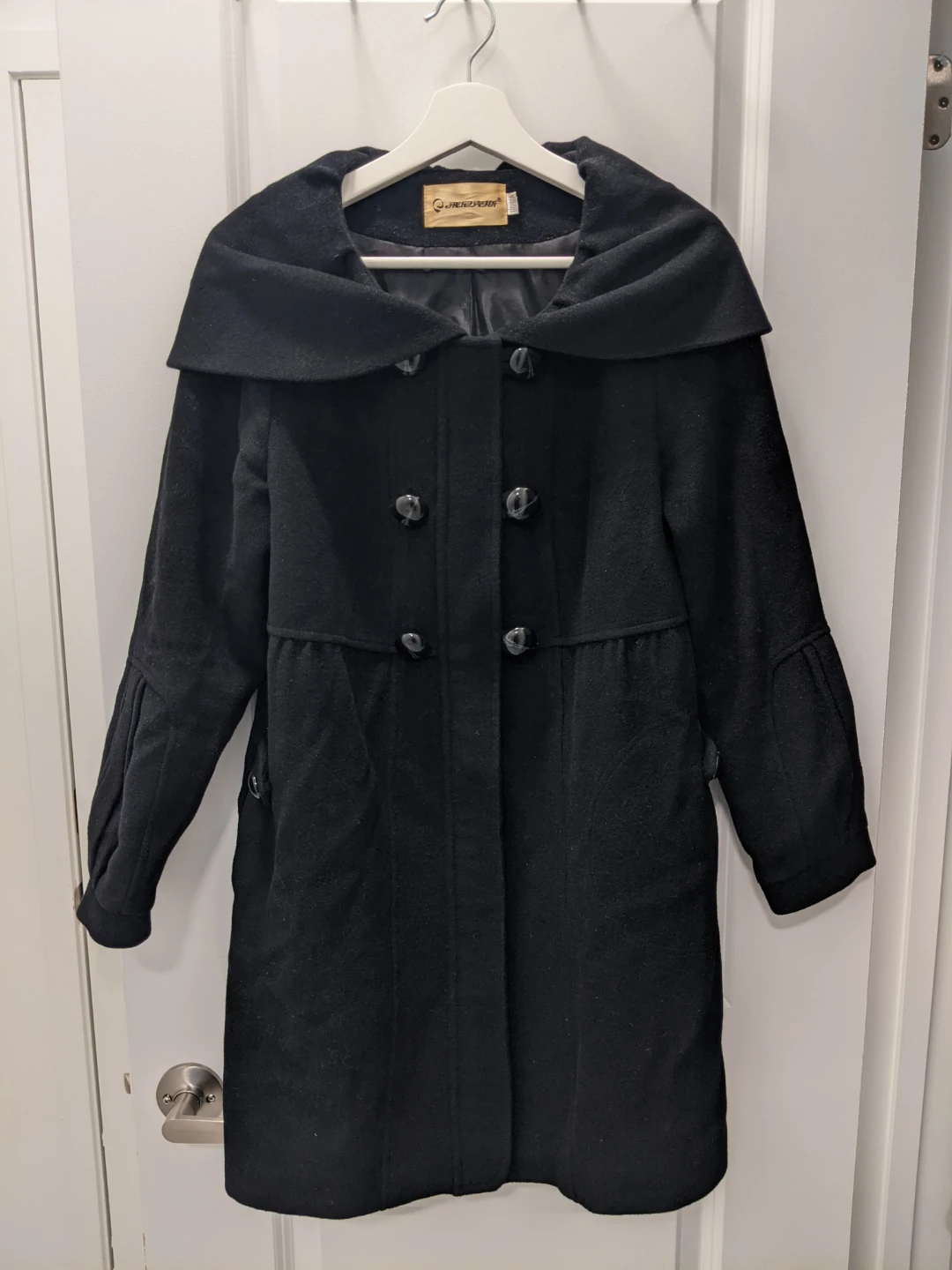 Black Mid-Length Wool Coat with Hood