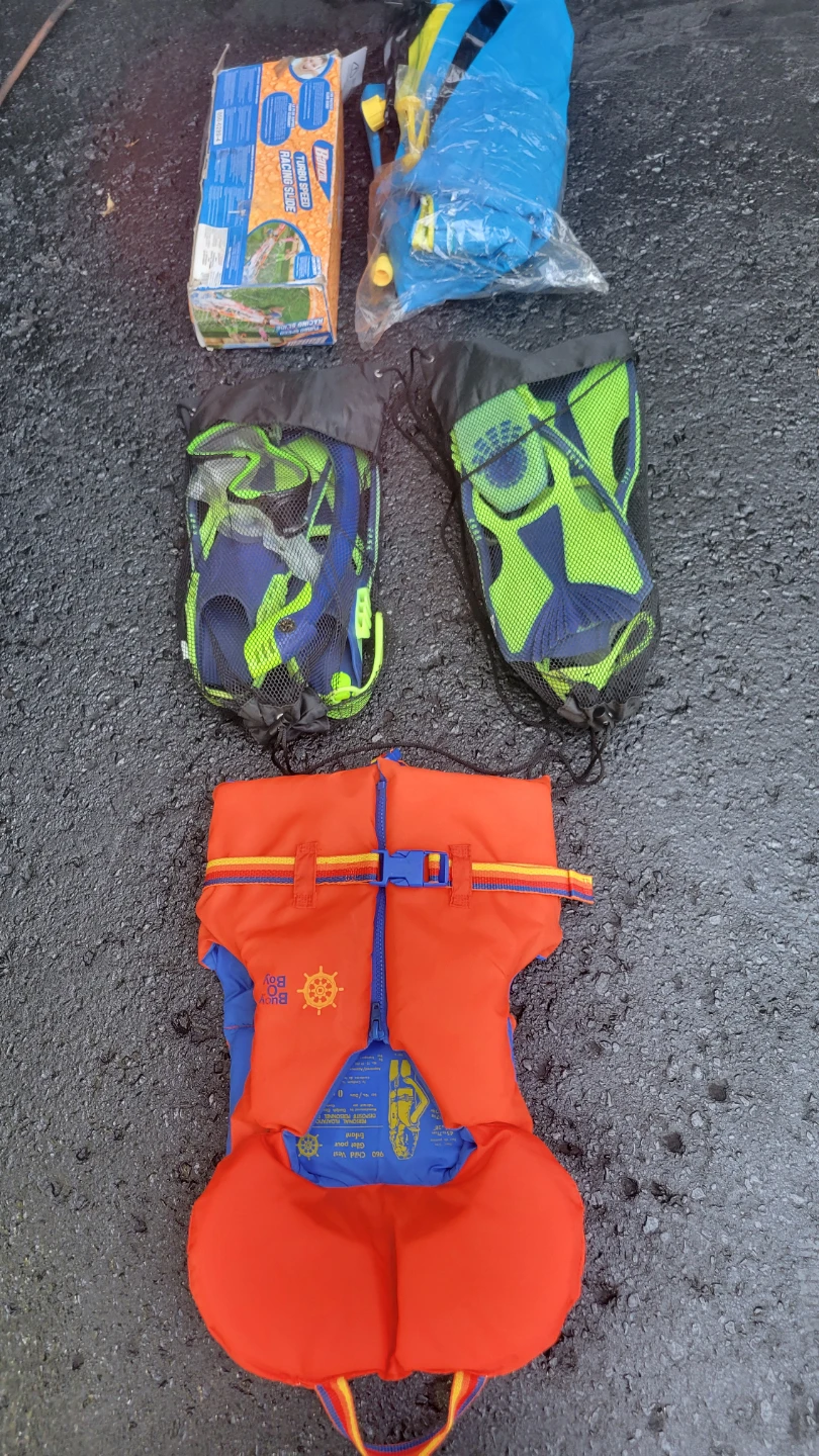 Racing Slides, snorkels,  lifejacket,