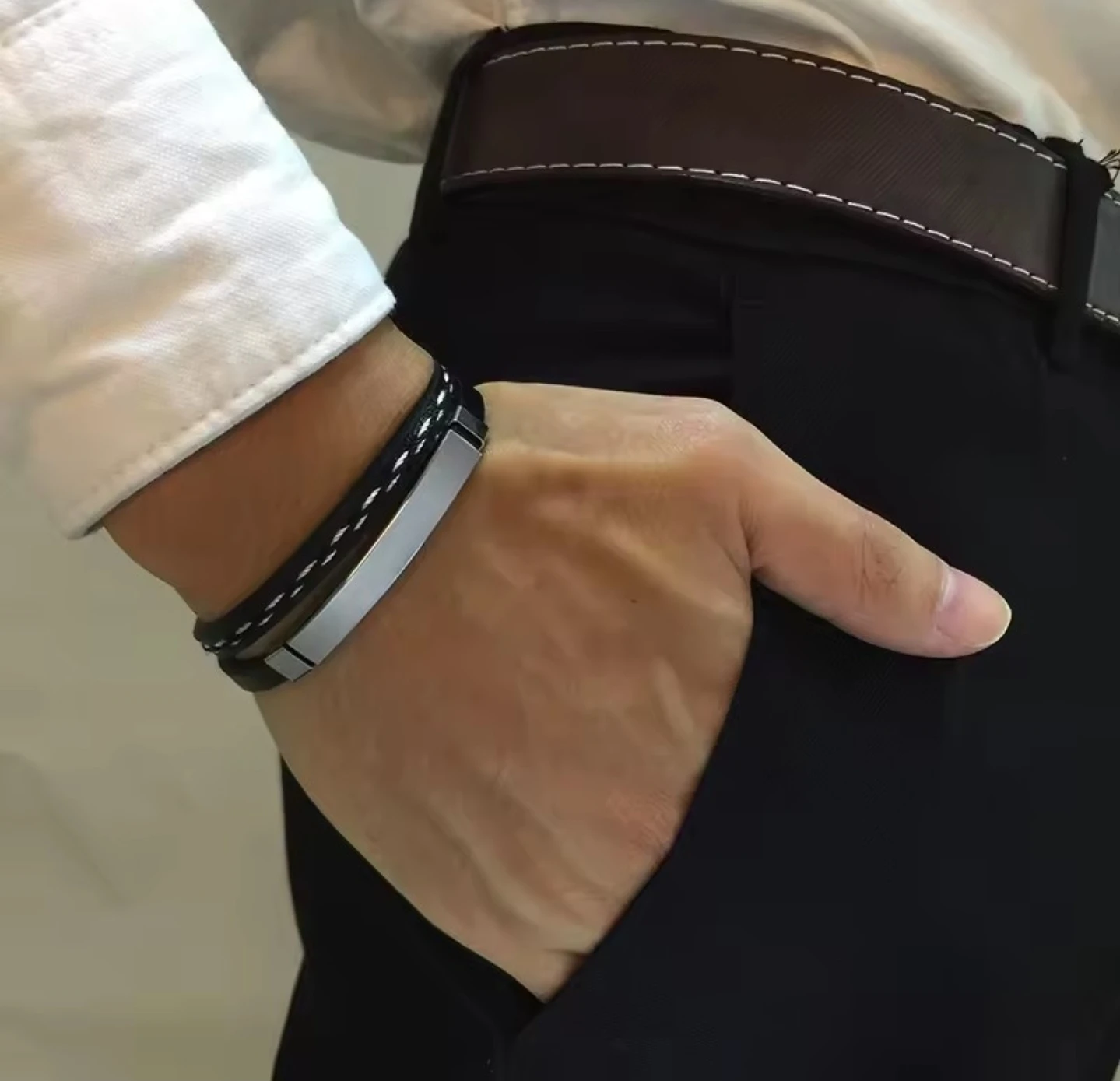Men's Leather and Metal Bracelet