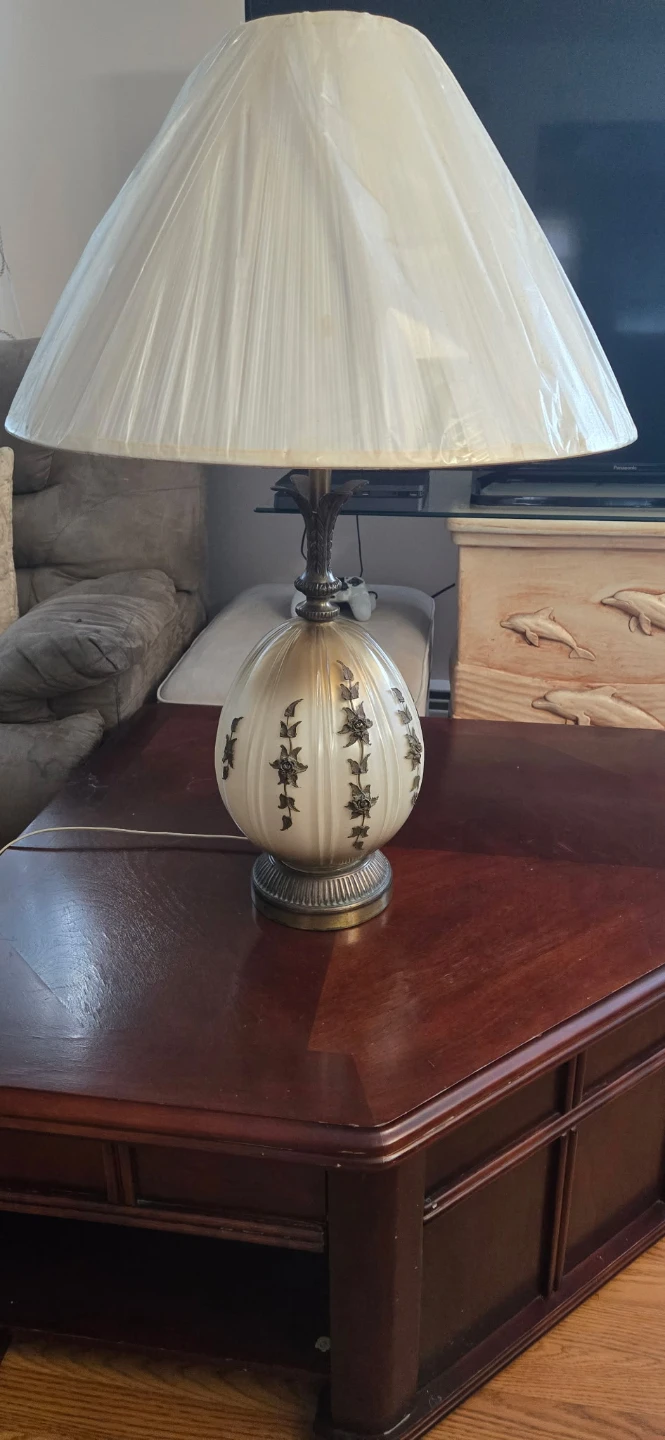 Vintage Floral Glass Table Lamp with Pleated Shade