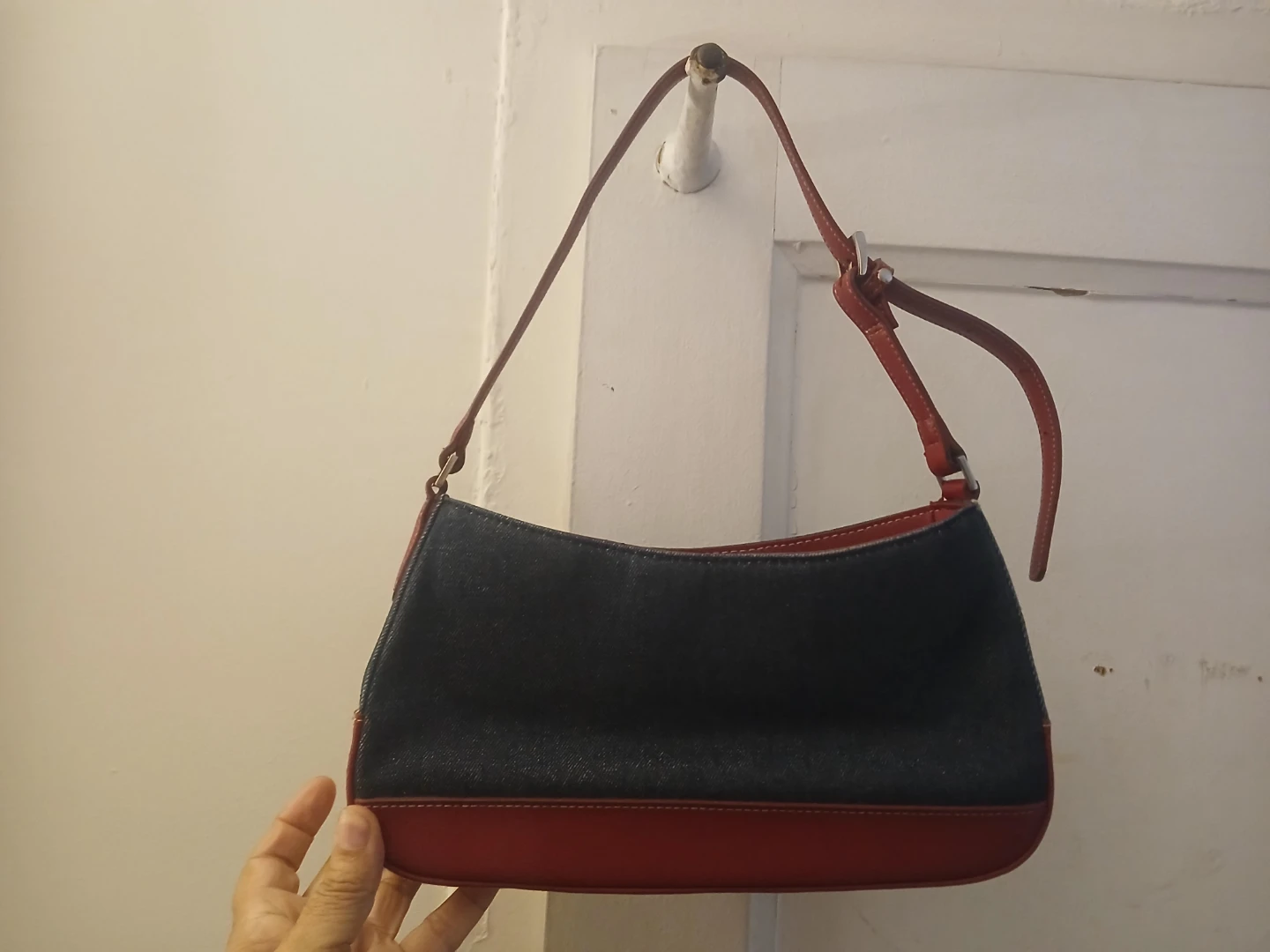 Denim and Red Shoulder Bag