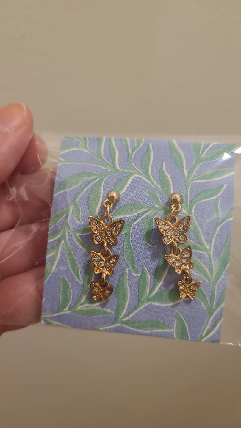 Gold butterfly dangle earrings with rhinestones - photo 3