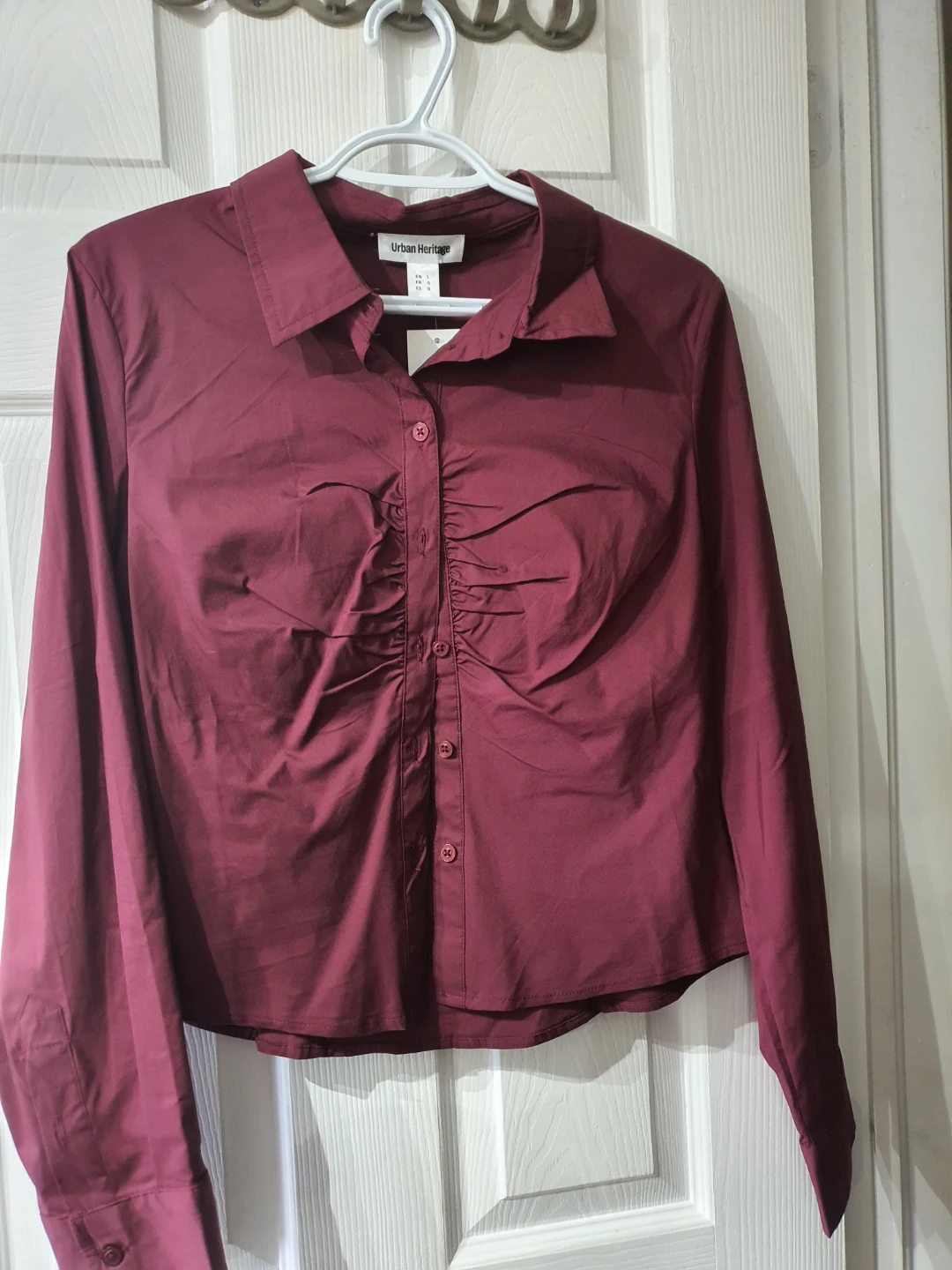 Burgundy Ruched Button-Up Shirt