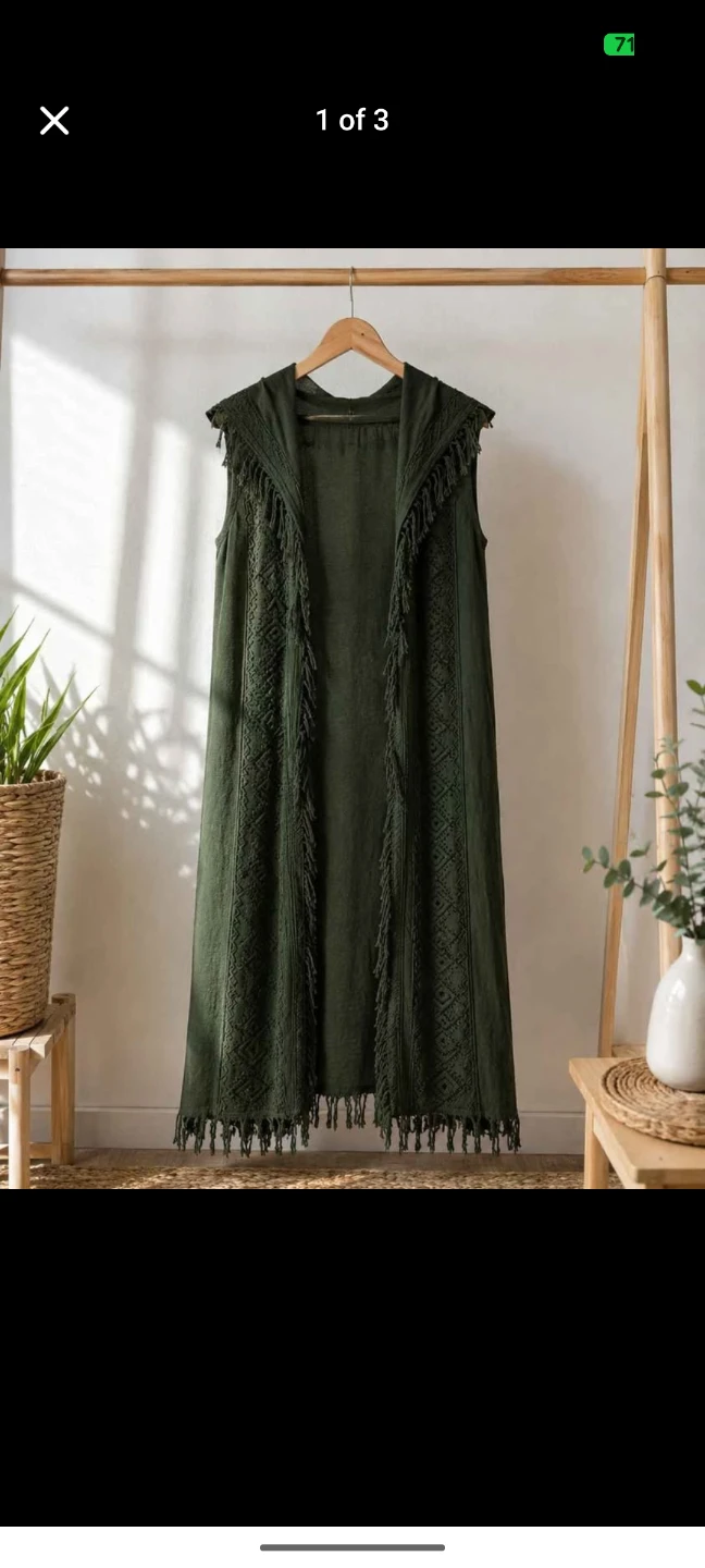 Olive Green Organic cotton Boho Hooded Fringe Shrug / Duster