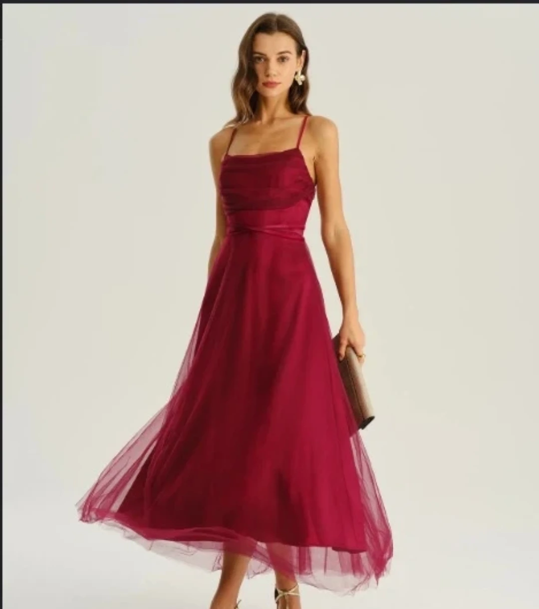 Wine red mesh flowy midi dress - Small
