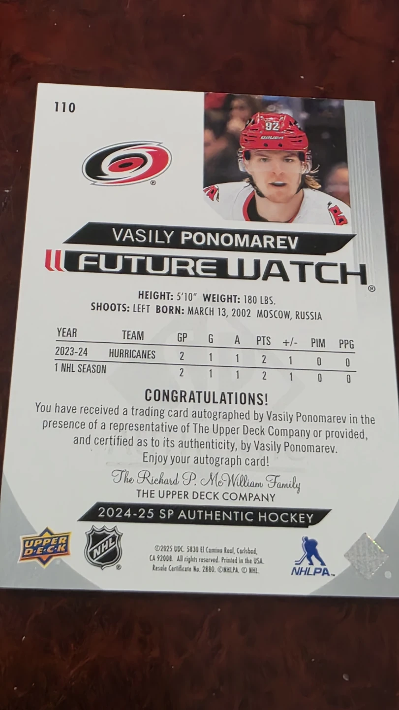 2024-25 Upper Deck - Vasily Ponomarev Autographed 211/999 - photo 2